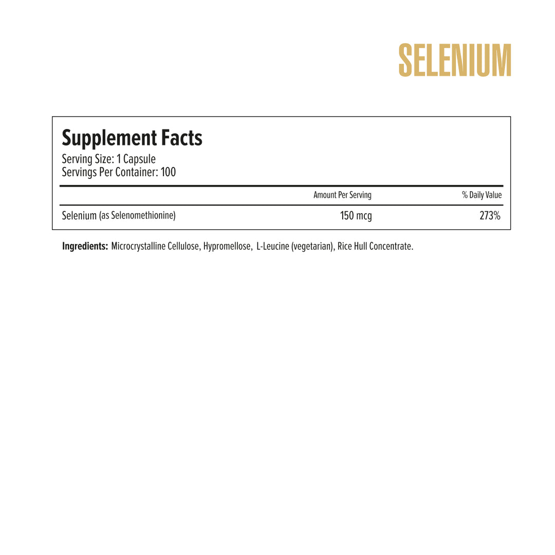 Supplement label for selenium with serving size, servings per container, and ingredient list on a white background.
