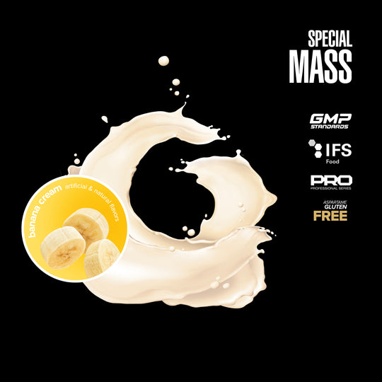 Product packaging with banana cream flavor label and certification logos on a black background