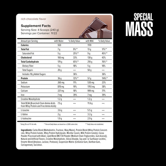 Supplement label for Special Mass protein powder with nutritional information on a white background