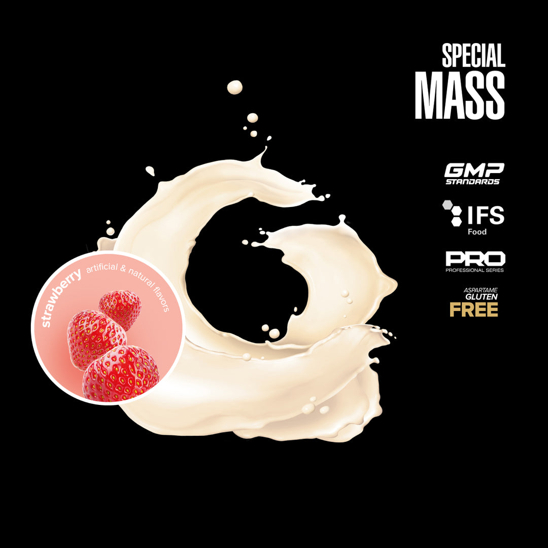 Special Mass protein powder with strawberry flavor on a black background