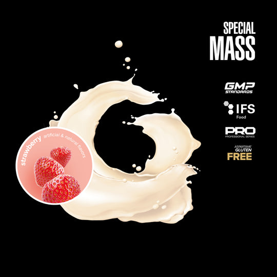Special Mass protein powder with strawberry flavor on a black background
