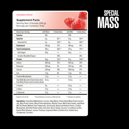 Supplement label with strawberry flavor information on a black background
