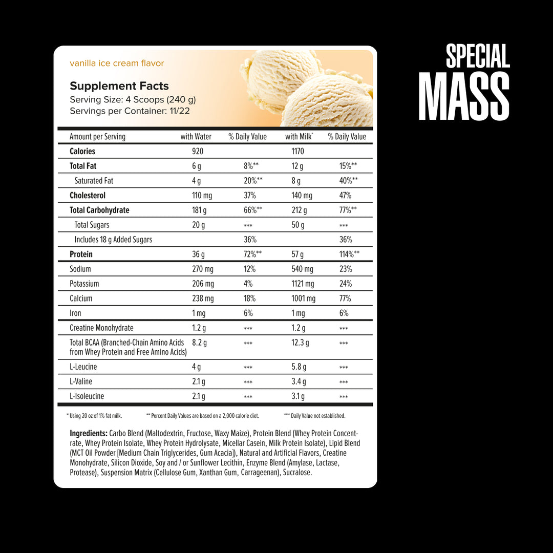 Nutrition label for vanilla ice cream flavor supplement on a black background with 'Special Mass' branding.