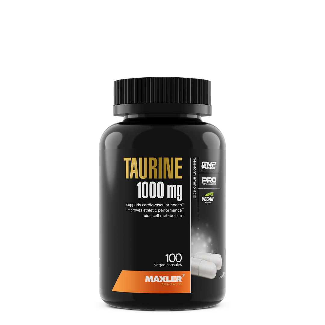 Black supplement bottle labeled 'Taurine 1000 mg' by Maxler on a white background