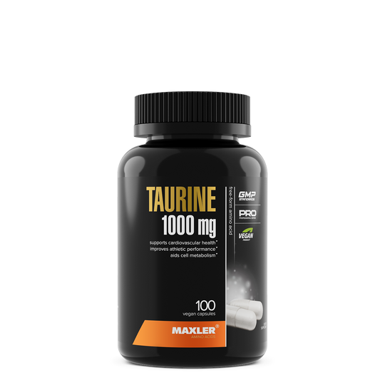 Black supplement bottle labeled 'Taurine 1000 mg' by Maxler on a white background