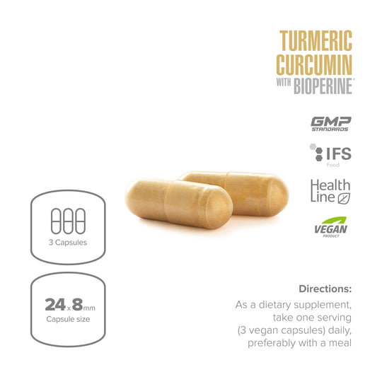 Turmeric Curcumin capsules with Bioperine on a white background, featuring GMP Standards, IFS, Health Line, and Vegan Project logos.