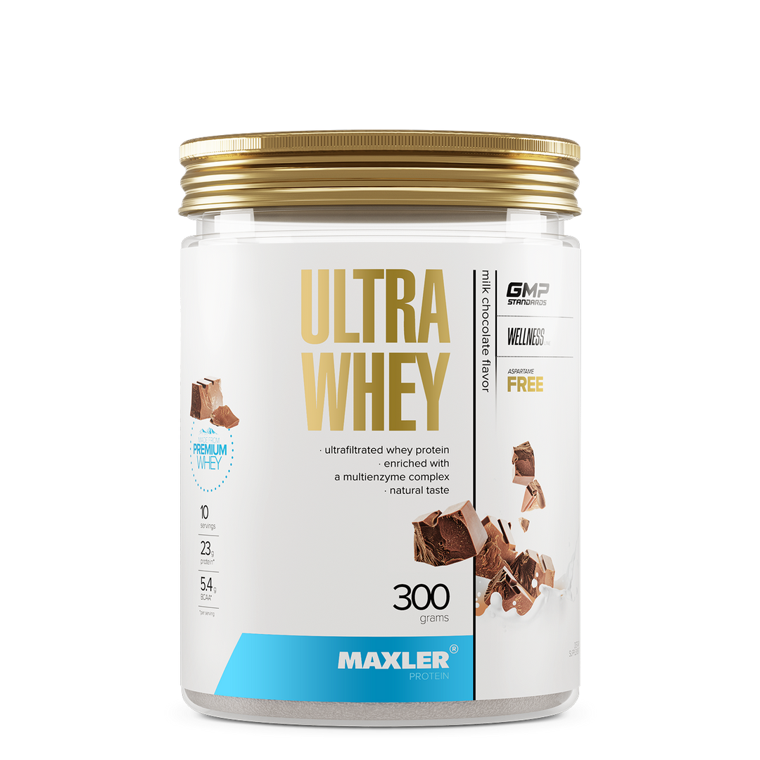 Maxler Ultra Whey protein powder container on a white background