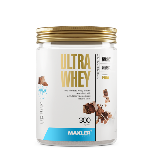 Maxler Ultra Whey protein powder container on a white background