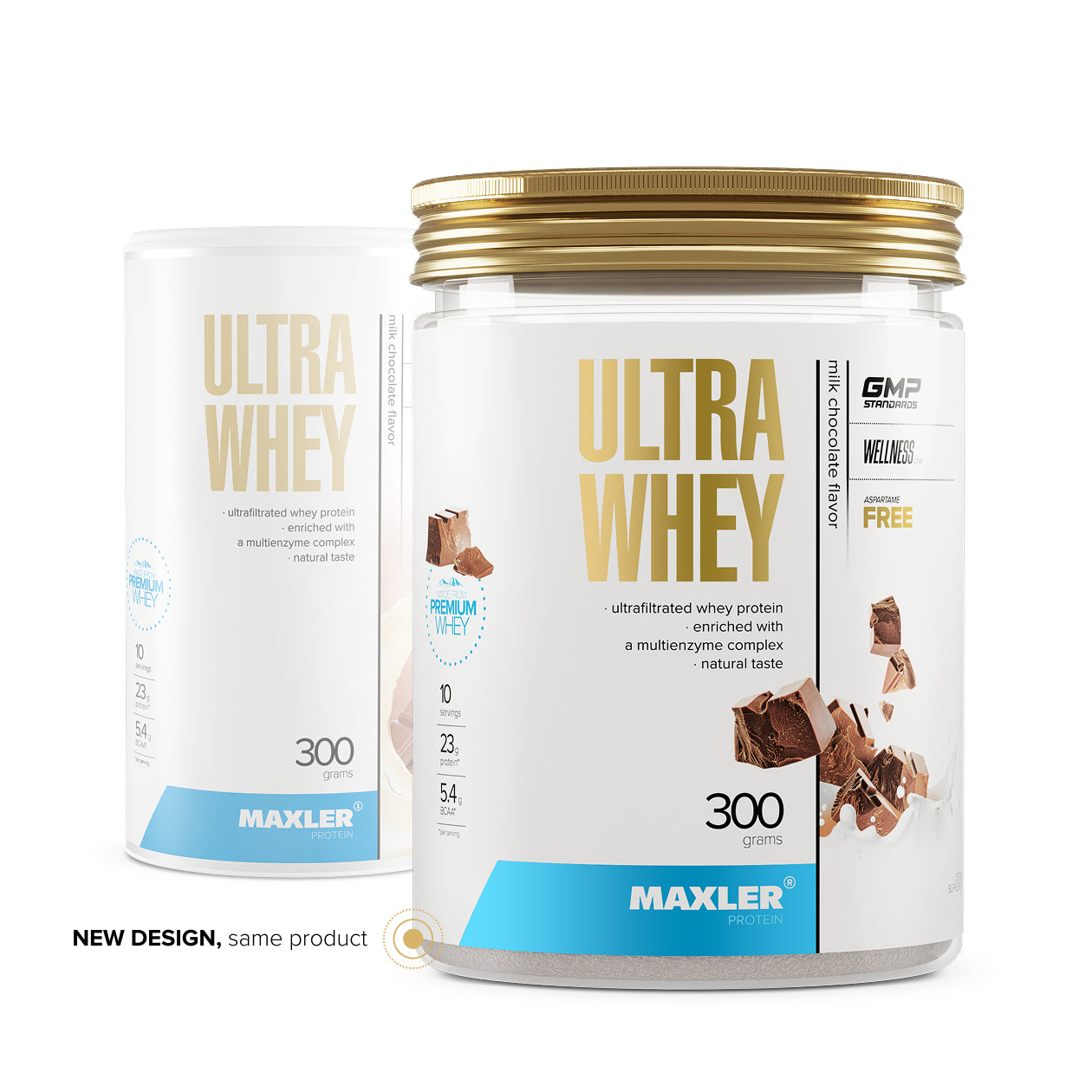 Current and previous Maxler Ultra Whey Milk Chocolate packaging, 300 g tub