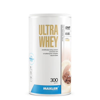 Maxler Ultra Whey protein powder container on a white background