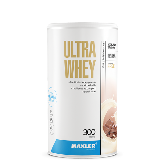 Maxler Ultra Whey protein powder container on a white background
