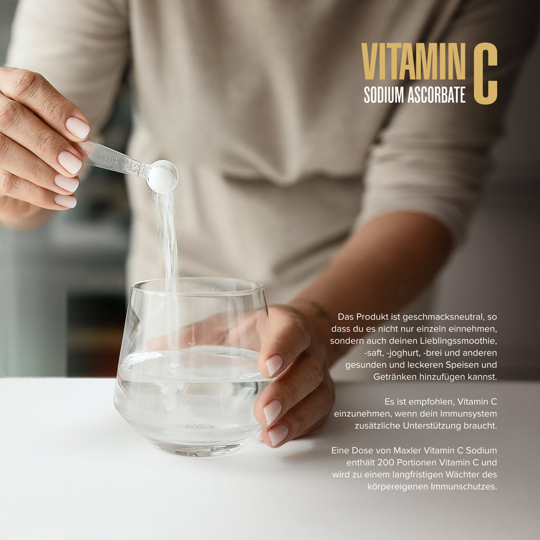 Maxler Vitamin C Sodium Ascorbate – 1g dissolved in water once daily, neutral flavour, 200 servings per can, immune support and antioxidant protection, vegan
