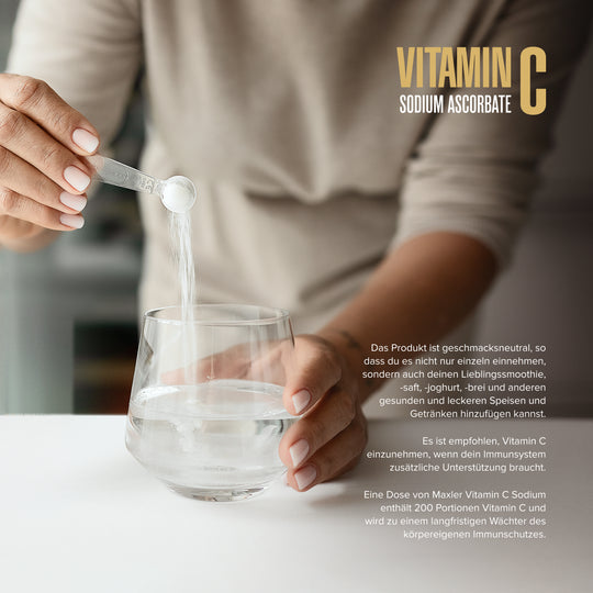 Maxler Vitamin C Sodium Ascorbate – 1g dissolved in water once daily, neutral flavour, 200 servings per can, immune support and antioxidant protection, vegan