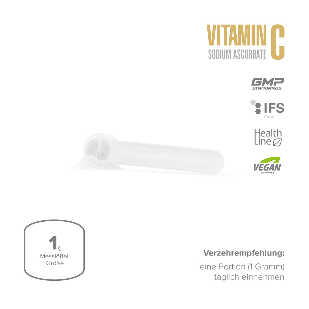 Maxler Vitamin C Sodium Ascorbate – serving size 1g scoop, once daily, pure buffered crystalline powder, GMP & IFS certified, Health Line, vegan product