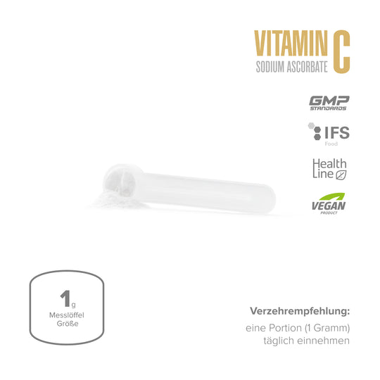 Maxler Vitamin C Sodium Ascorbate – serving size 1g scoop, once daily, pure buffered crystalline powder, GMP & IFS certified, Health Line, vegan product
