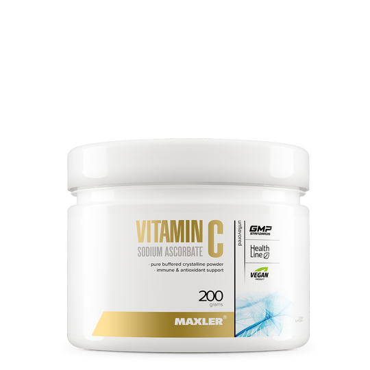 Maxler Vitamin C Sodium Ascorbate – pure buffered crystalline powder, 200g can, unflavored, immune & antioxidant support, GMP certified, Health Line, vegan