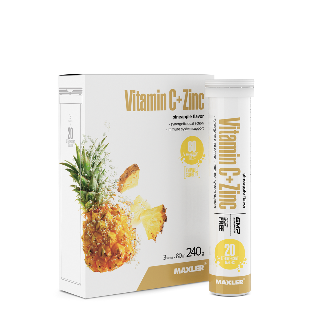 Maxler Vitamin C+Zinc supplement packaging with pineapple flavor on a white background