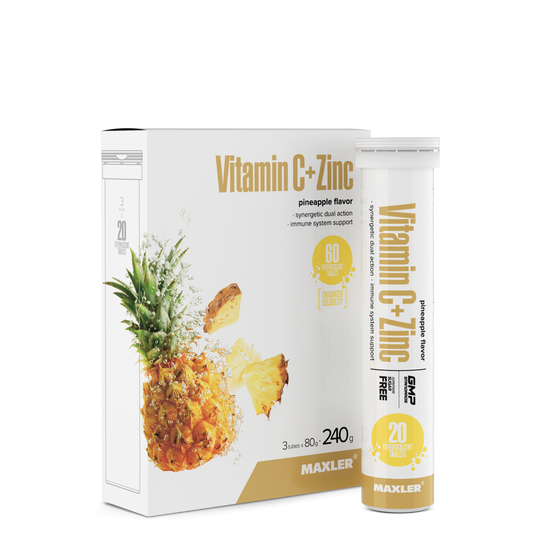 Maxler Vitamin C+Zinc supplement packaging with pineapple flavor on a white background