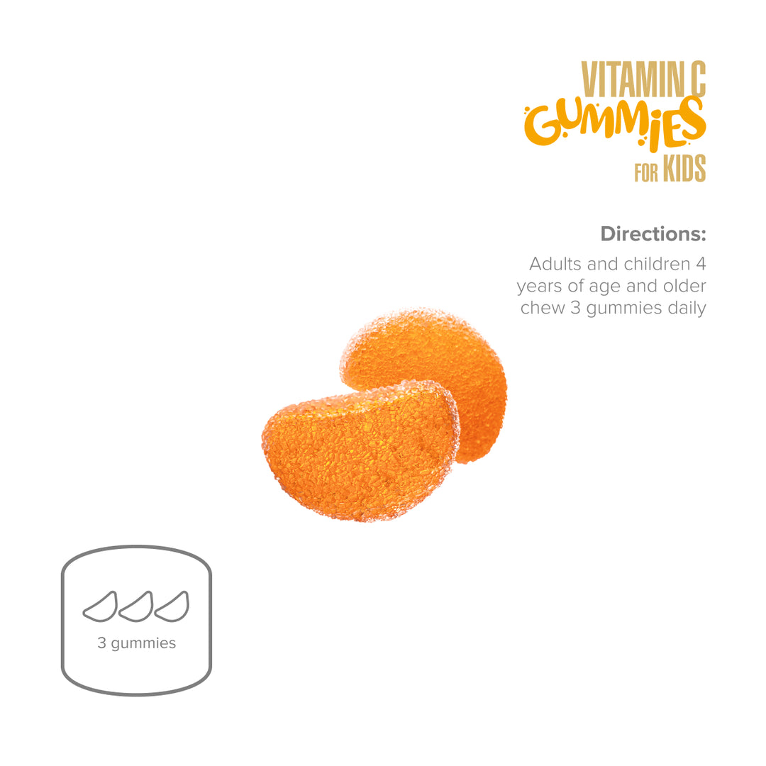 Orange gummy vitamins for kids with directions on a white background