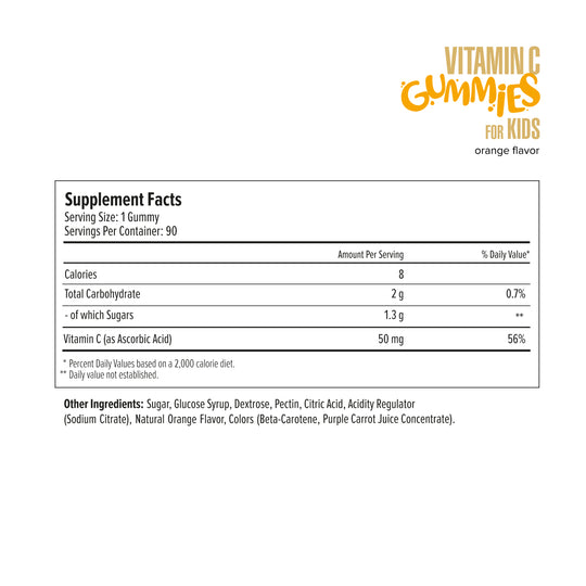 Supplement facts label for Vitamin C gummies for kids with orange flavor on a white background.
