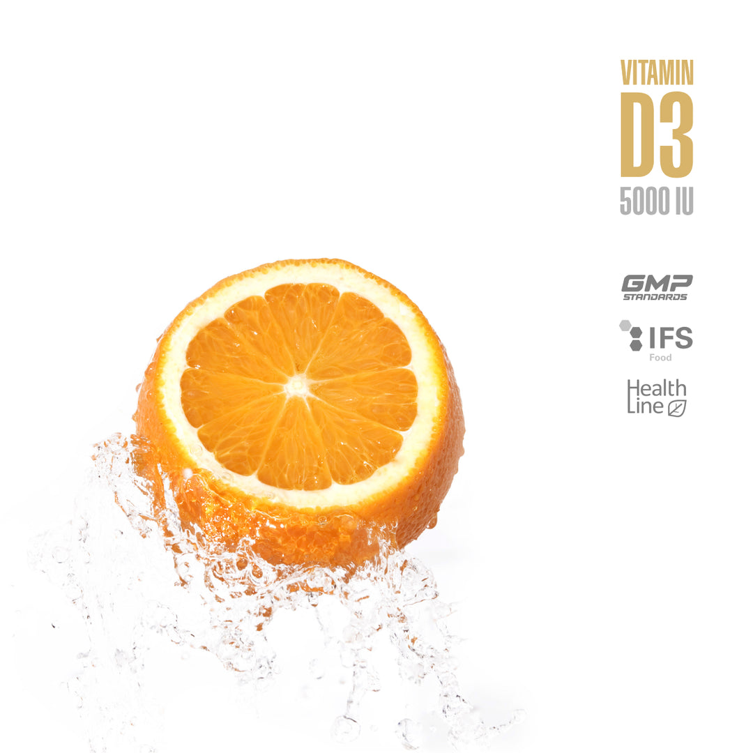 Sliced orange with vitamin D3 supplement label on a white background