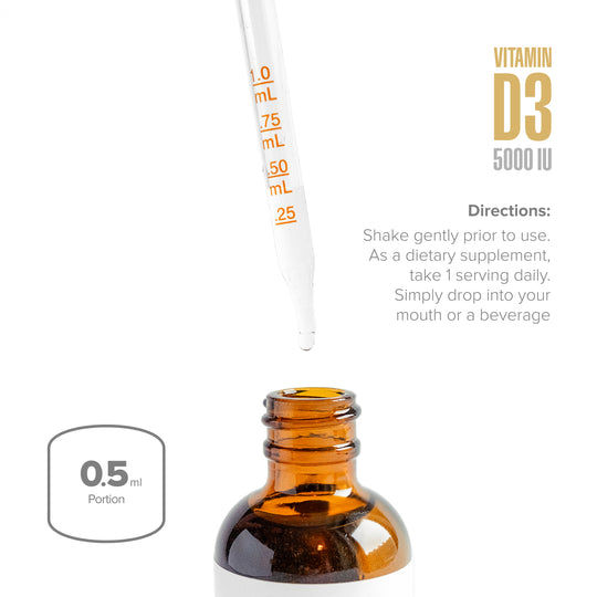 Vitamin D3 dropper bottle with measurement scale and usage instructions on a white background