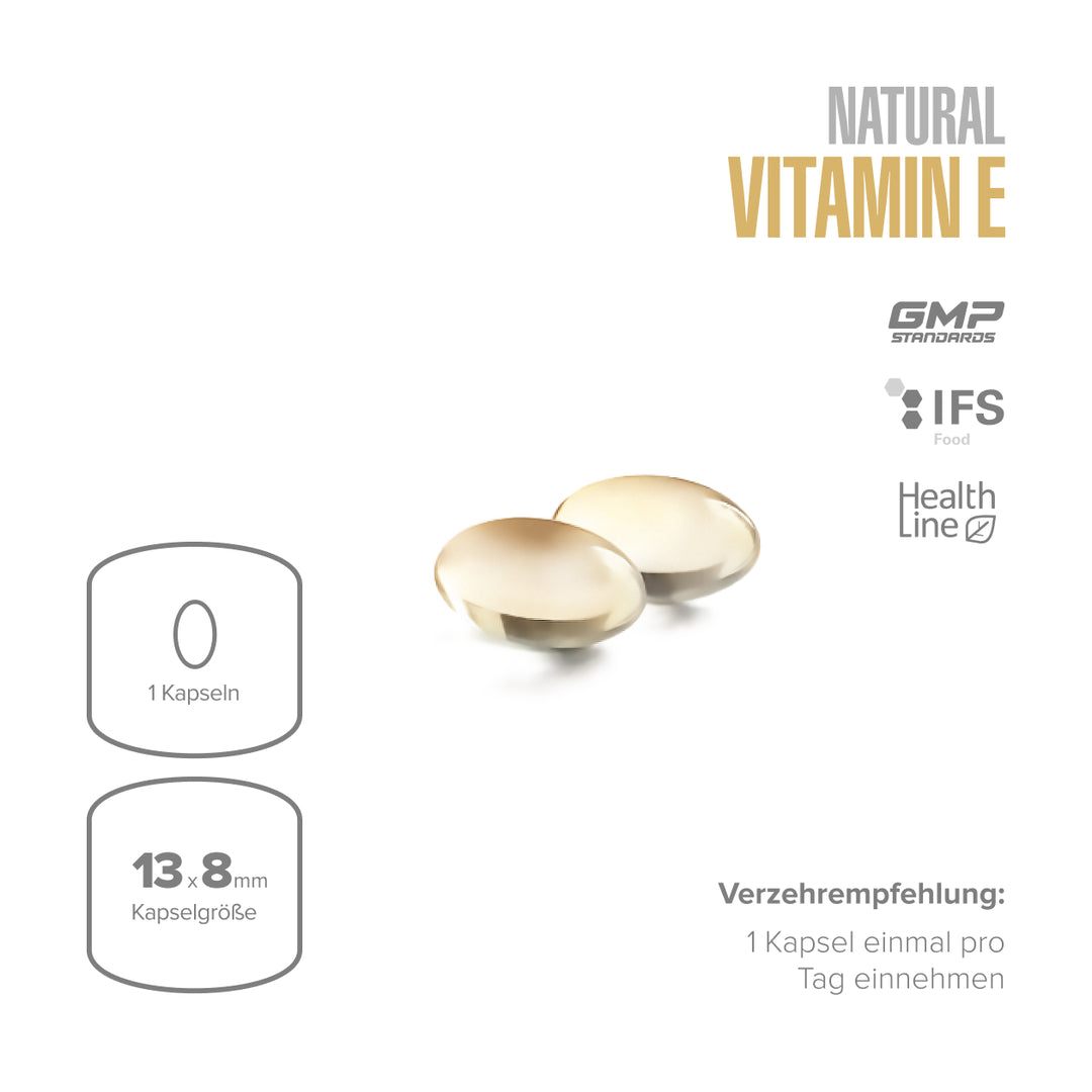 Maxler Natural Vitamin E – softgel capsule size 13×8mm, 1 capsule daily dose, GMP & IFS certified, Health Line