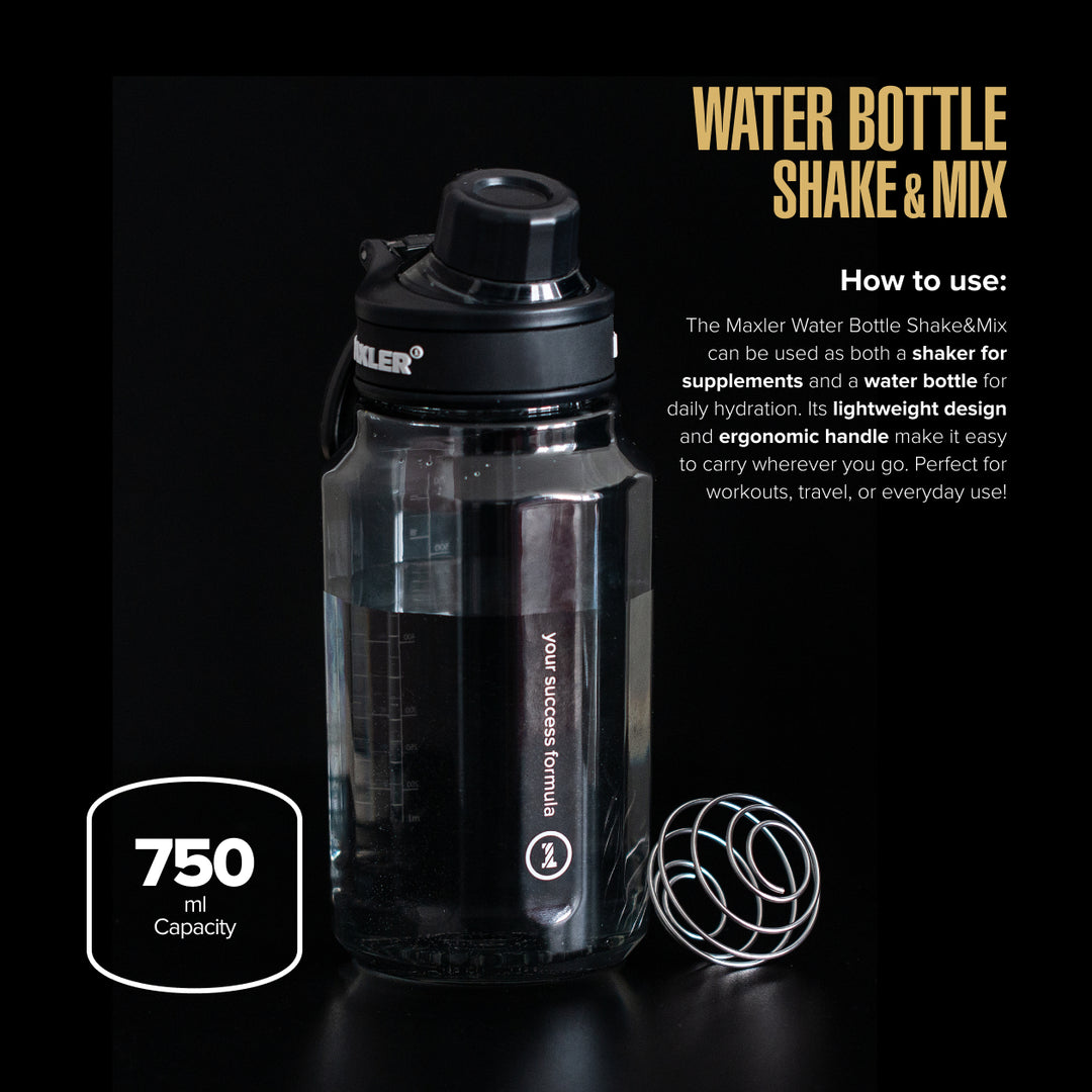 Black water bottle with shake and mix feature on a black background