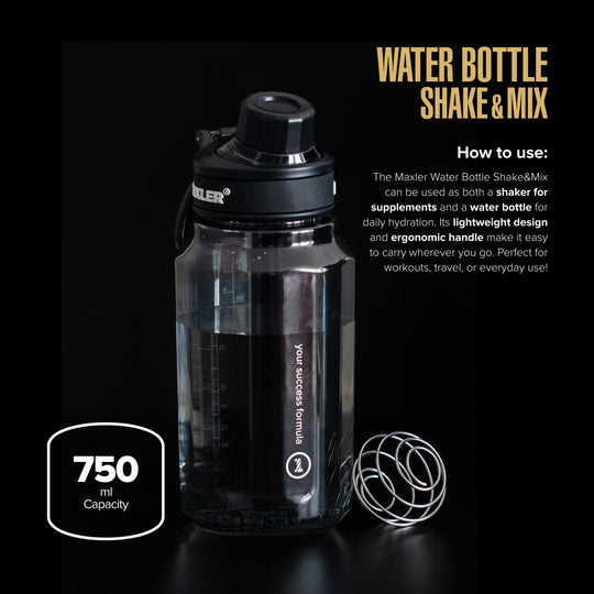 Black water bottle with shake and mix feature on a black background