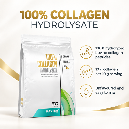 MAXLER 100% Collagen Hydrolysate Powder – hydrolyzed bovine collagen peptides with 10 g collagen per 10 g serving, neutral flavour, 500 g bag