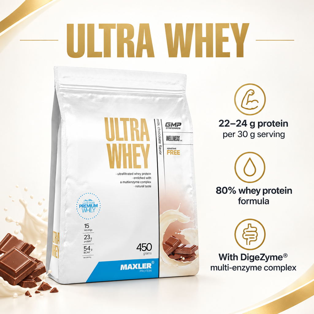 MAXLER Ultra Whey – whey protein powder with 22–24 g protein per 30 g serving and DigeZyme multi-enzyme complex, Milk Chocolate flavour, 450 g bag