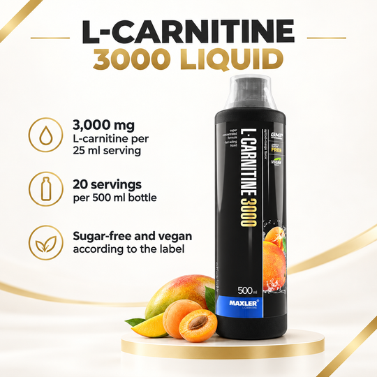 MAXLER L-Carnitine 3000 Liquid – 3,000 mg L-carnitine per 25 ml serving, Apricot-Mango flavour, 500 ml bottle