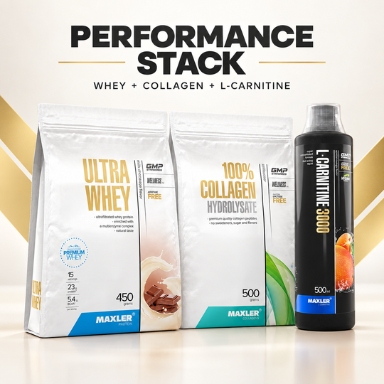 MAXLER Performance Stack – sports nutrition bundle with Ultra Whey, collagen hydrolysate powder and L-carnitine liquid for active adults, 3 products