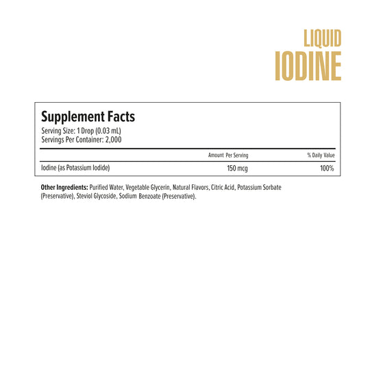 Supplement facts label for liquid iodine on a white background