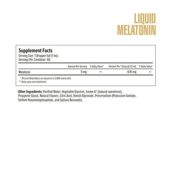 Supplement label for Liquid Melatonin with ingredient list on a white background