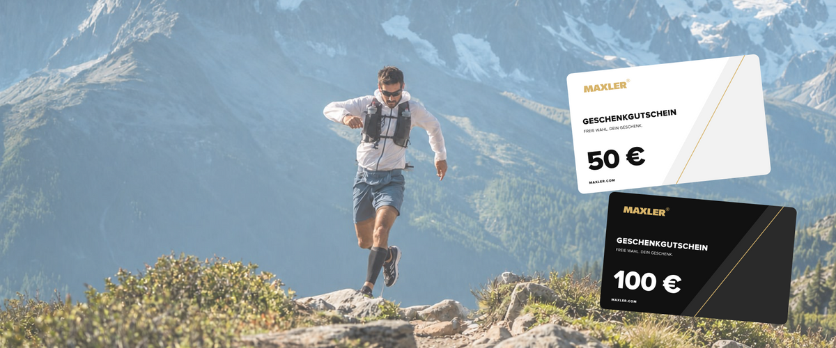 MAXLER Geschenkgutscheine für 50 € und 100 € mit einem Sportler in den Bergen