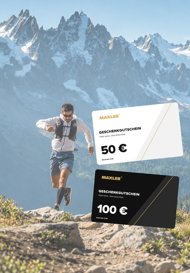 MAXLER Geschenkgutscheine für 50 € und 100 € mit einem Sportler in den Bergen