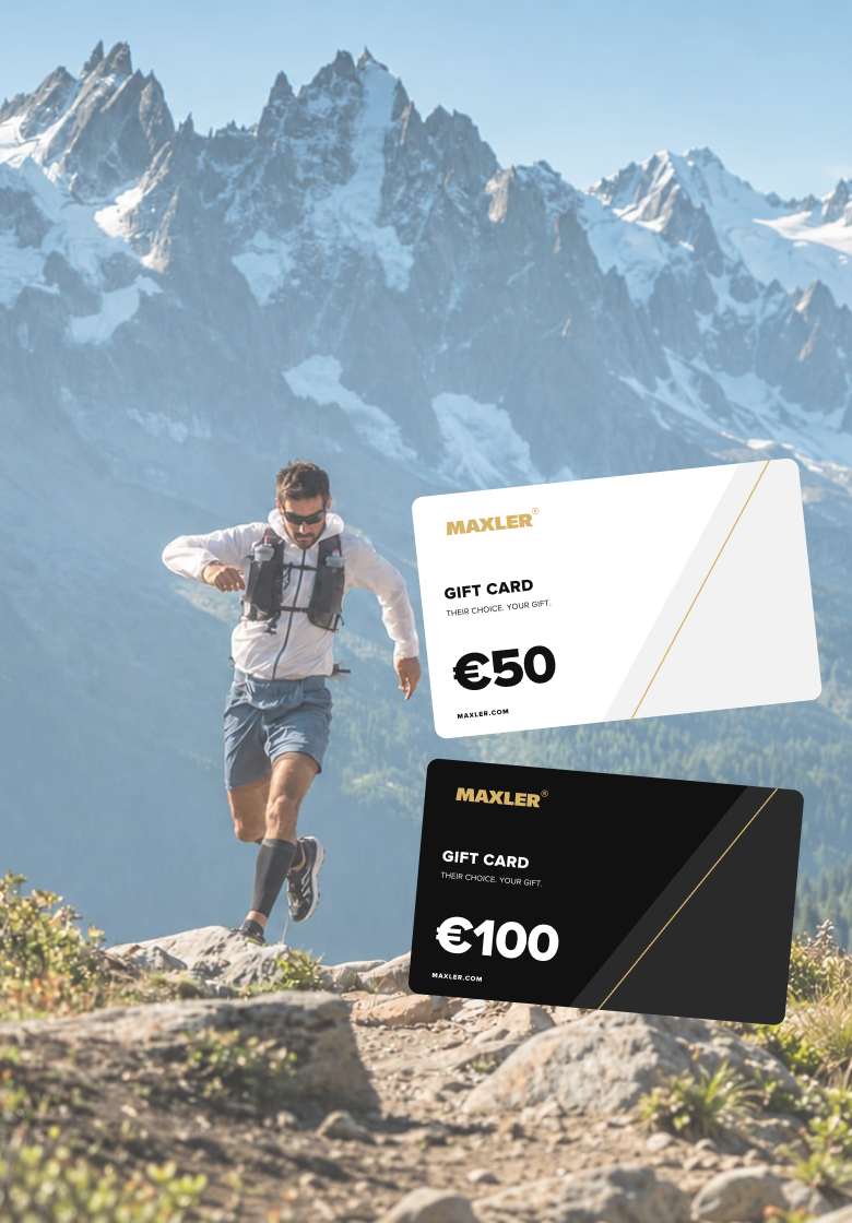MAXLER €50 and €100 gift cards with an athlete in the mountains