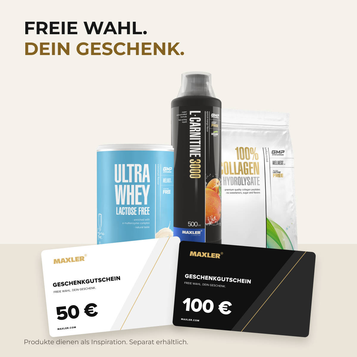 MAXLER Geschenkgutscheine mit Produktinspiration. Produkte separat erhältlich.