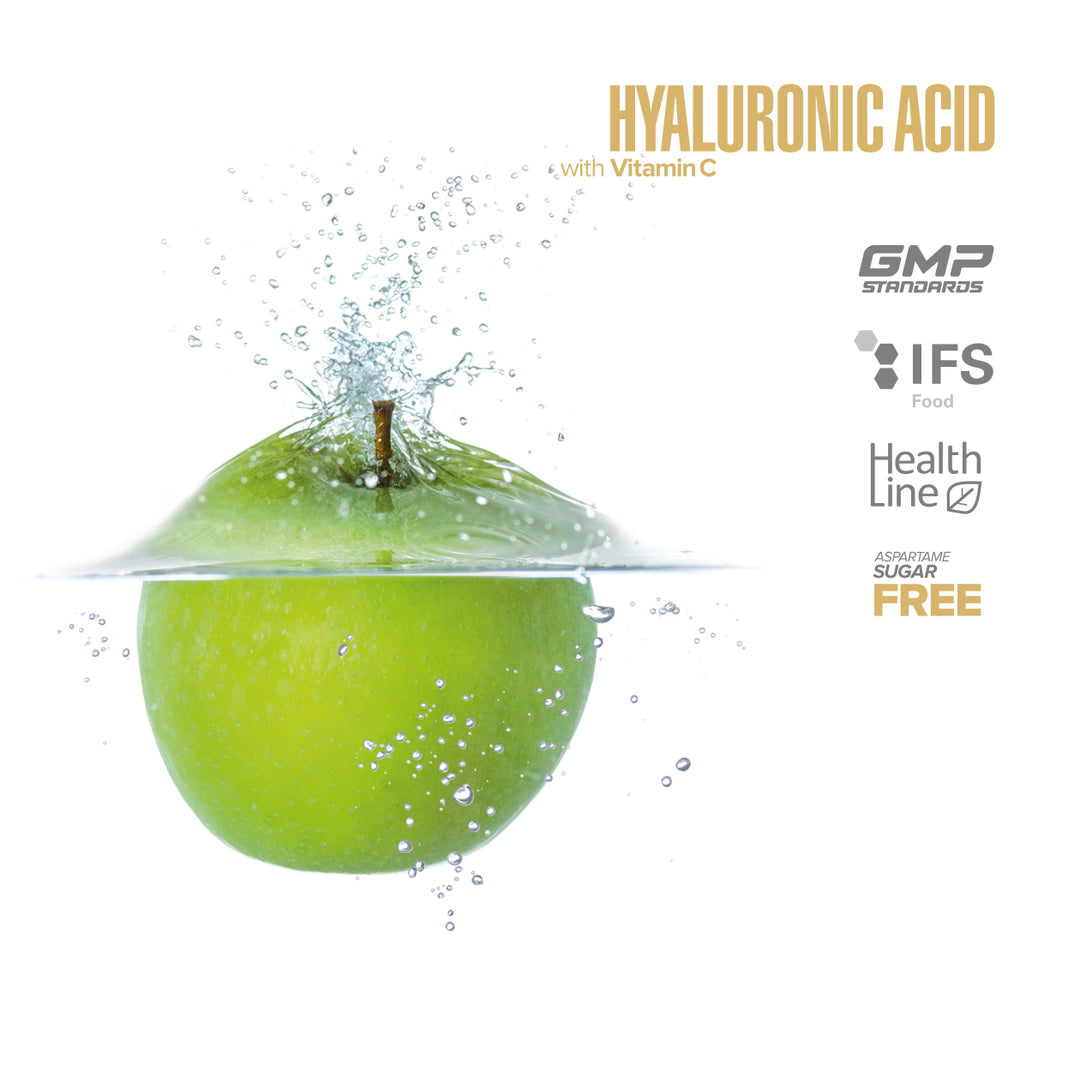 Maxler Hyaluronic Acid with Vitamin C apple graphic with GMP, IFS and aspartame-free icons