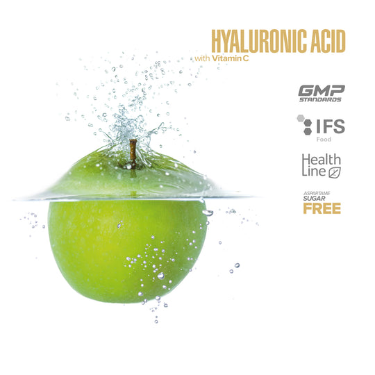 Maxler Hyaluronic Acid with Vitamin C apple graphic with GMP, IFS and aspartame-free icons