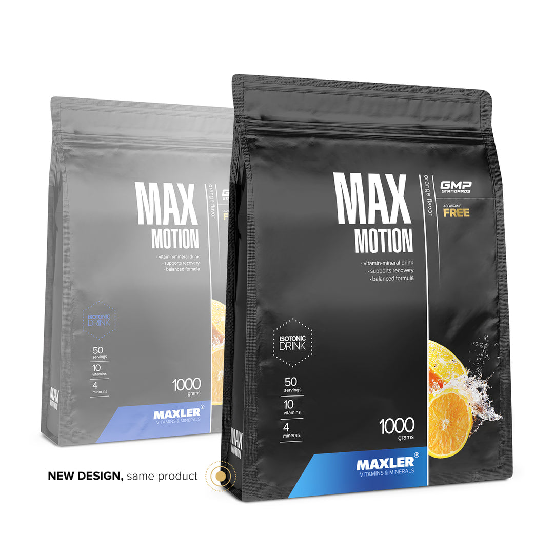 Old and new Maxler Max Motion orange 1000 g packaging