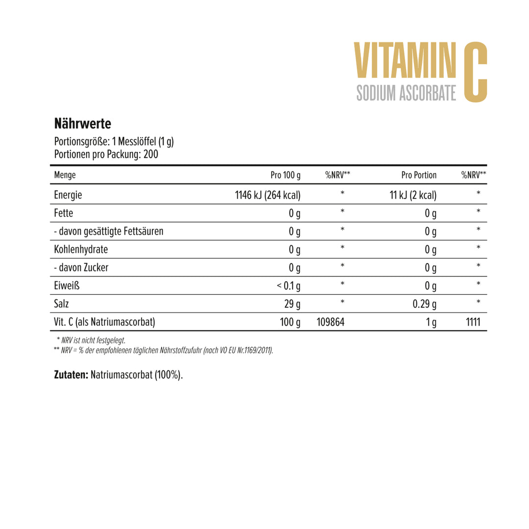 German nutrition facts panel for Maxler Vitamin C Sodium Ascorbate